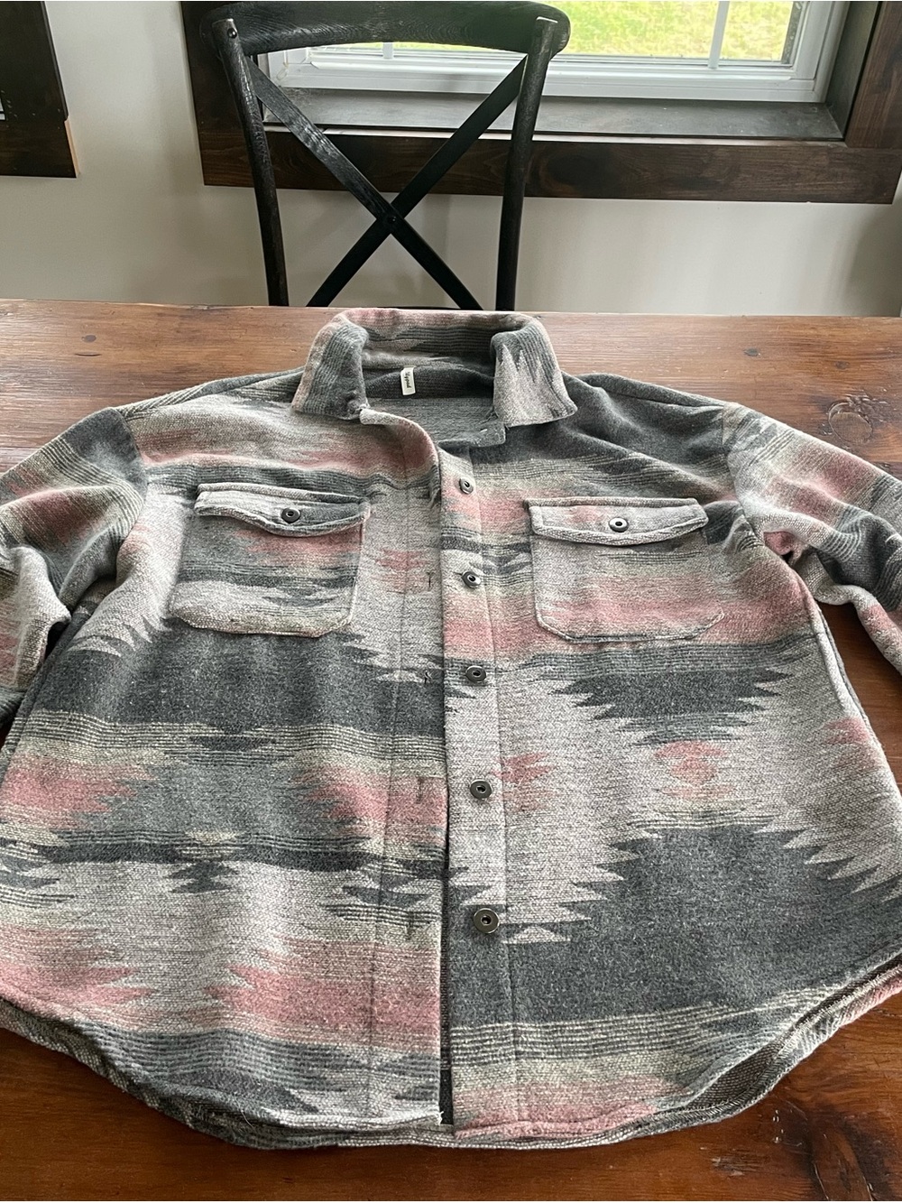 Aztec Gray and Pink Patterned Button-Up Sweater Jacket